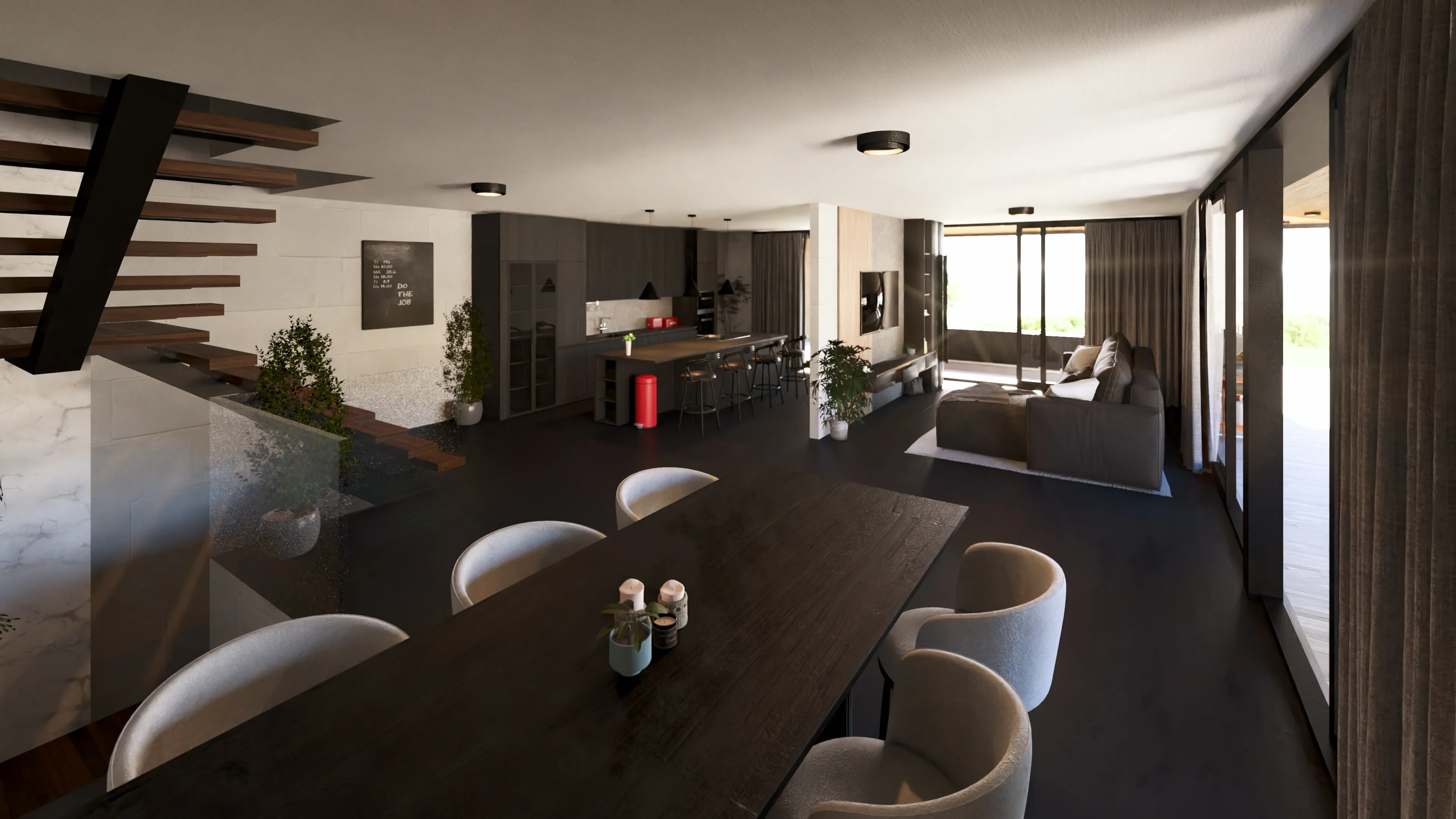 Render interior de día — salón contemporáneo